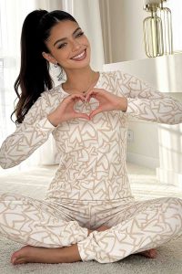 Donna Damen-Pyjama Modell Adore Long 333783 – Ecru, gemustert – Ansicht 2